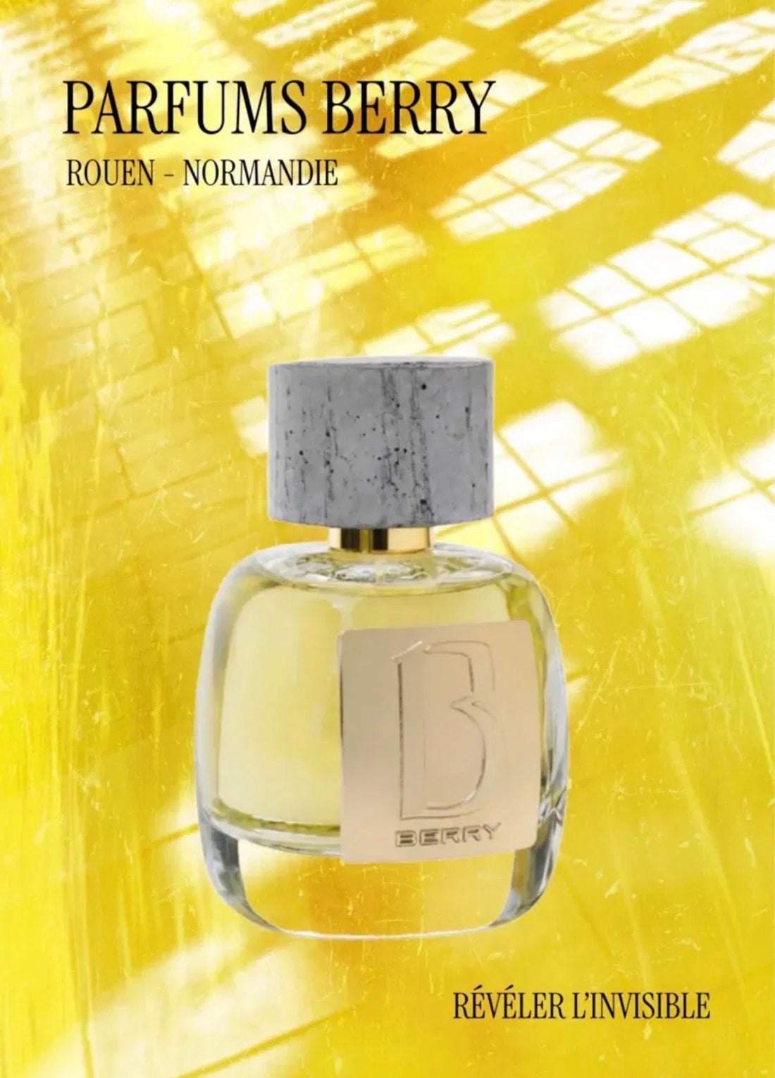 Carte cadeau Parfums Berry, flacon sur fond jaune, Révéler l'invisible